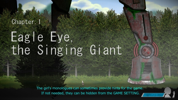 Chapter One title screen for Eagle Eye, the Singing Giant. Chisel is tiny and running alongside a mechanical creature who is so large that you can only see one of its legs.