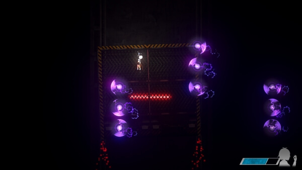 Chisel dangling in a dark grated tunnel with purple energy balls lining the walls.
