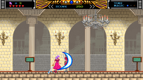 Screenshot of Violet Wisteria, with Wisteria slashing at a red skeleton enemy with a blue sword attack.