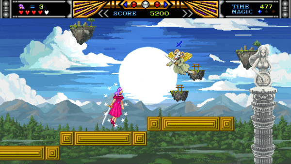 Screenshot of Violet Wisteria. The player is leaping towards a white goat enemy. She has the all-color power-up, which means she is surrounded by white stars.