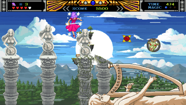 Screenshot from Violet Wisteria of the player falling through the air towards an enormous statue of a harpist playing. The harpist is lying down and the rounded edge of the harp forms a platform.
