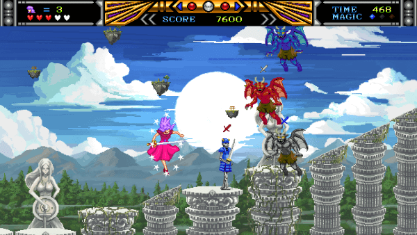 Screenshot of Violet Wisteria. The player is approaching three flying demon enemies and one blue skeleton enemy. Wisteria has the all-colors power-up activated, which means she has white stars encircling her.