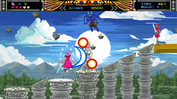 Screenshot of Violet Wisteria. The player has the all-colors power-up and is surrounded by white stars. She is slashing at the enemies in front of her, who have exploded.