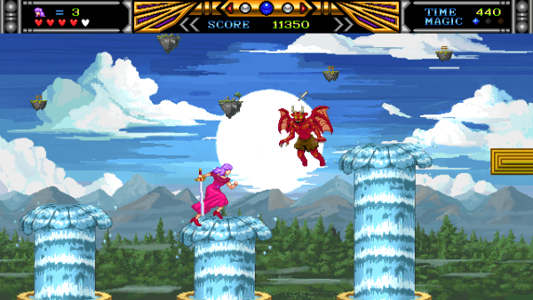 Screenshot of Violet Wisteria, with Wisteria jumping across three columns of water spouts. A red flying demon hovers nearby.
