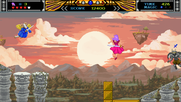 Screenshot of Violet Wisteria. The background is of a sunset sky. The player is landing. To the far left is a flying blue goat enemy, and to the right is a flying white demon.