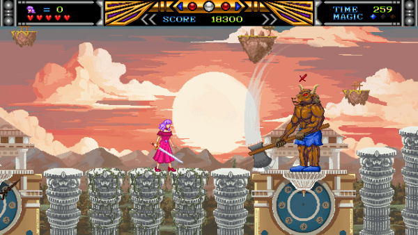 Screenshot of the Minotaur miniboss in Violet Wisteria. The Minotaur is swinging an enormous ax down in front of Wisteria.