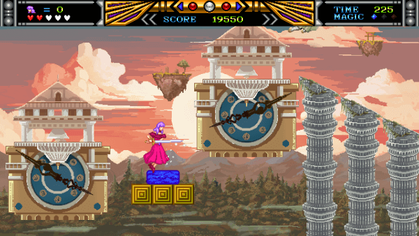 Screenshot of Violet Wisteria, with Wisteria jumping through platforms made of enormous clocks and broken Roman columns. The sky in the background is orange and pink from the sunset.