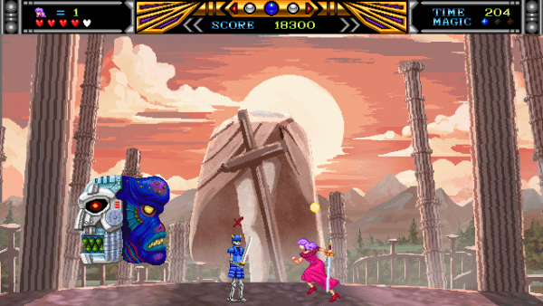Screenshot of Violet Wisteria, with Wisteria fighting against the first boss. It is two giant faces facing out from the side, and the left face is white and roboting while the right face is blue and monstrous.