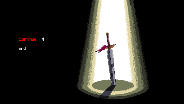 Screenshot of the Continue screen in Violet Wisteria. A sword is stuck in the ground, and a shaft of light falls over it.