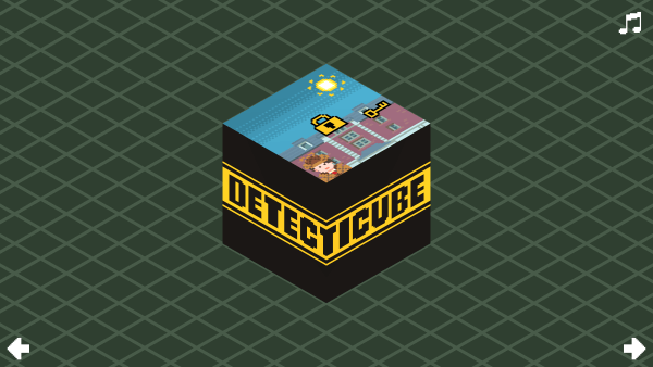 Title screen of DETECTICUBE, with a detective on the top panel behind a lock and a key.