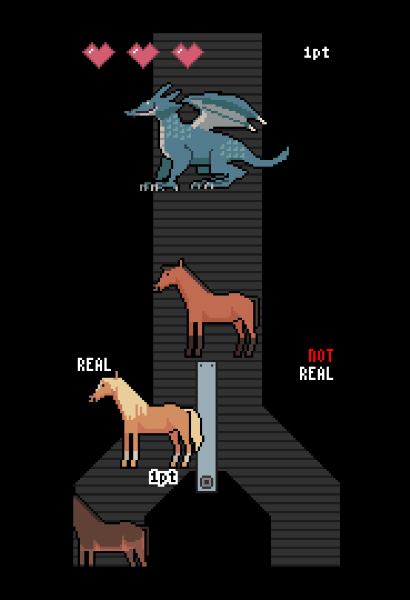 Conveyor belt with three horses being guided into a chute labeled REAL, next to a chute labeled NOT REAL. Following the horses is a large dragon.