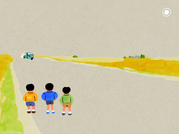 Screenshot from Five Years Old Memories of three children looking down the road at an approaching blue truck