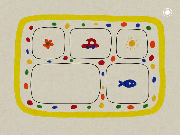 Screenshot from Five Years Old Memories of five rectangles filled in clockwise with a flower, a car, the sun, and a fish, with the final block left empty