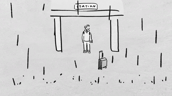 Screenshot from suitcase adventure by komitsu. The player controls a suitcase and approaches a person standing under the awning of a train station looking out at the pouring rain