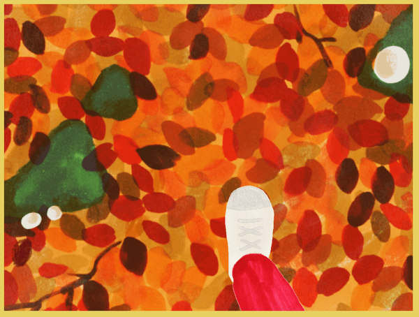 Screenshot from walk with me by Komitsu. Player is looking down while walking over a pile of autumn leaves