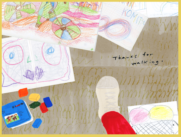 Final screen of walk with me. Player is standing over a scattering of children's drawings and toys, with the message 'Thank you for walking'