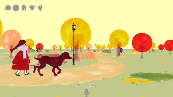 Screenshot from you understand kawaii by komitsu. Player is walking around an autumn park where people are walking their dogs, with the instruction to 'get close to dogs'