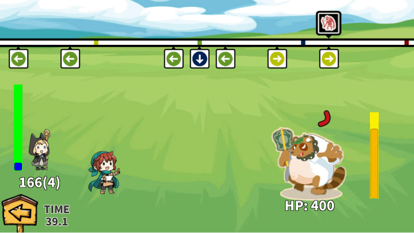 Screenshot from ビートドッジ (Beat Dodge). Shifu-san and Mage-chan are on the left side of a green field, and on the right is a giant tanuki enemy. At the top of the screen are arrow keys matched to the rhythm.