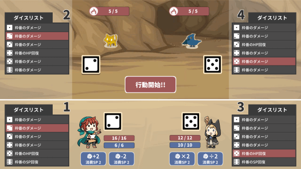 Screenshot from ペアダイスバトル (Pair Dice Battle). It is a battle encounter with two enemies (a cat and bird). Both enemies, Mage-chan, and Shifu-san have rolled a dice that chooses from a list of attacks.