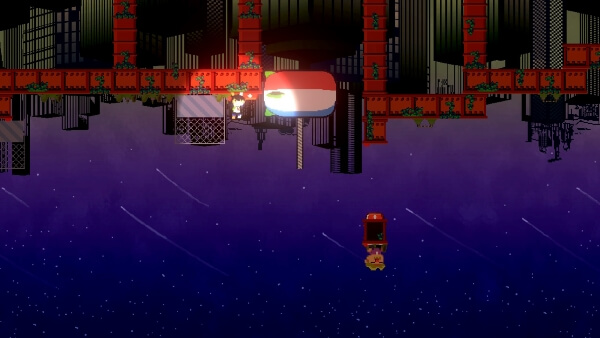 Player doing a handstand while the monitor is upside-down. In the background is the vast night sky with shooting stars.