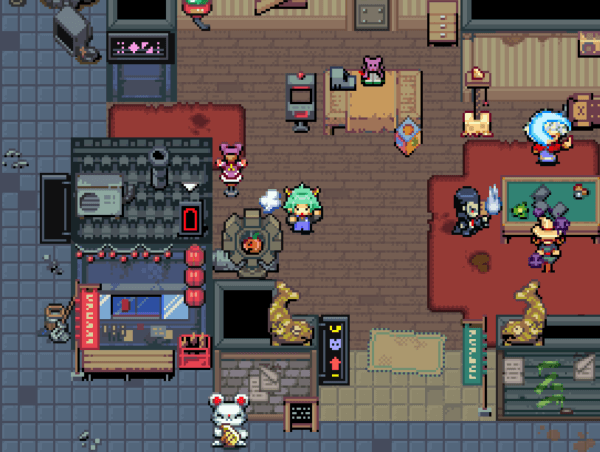 Pixel art scene of a downtown area run by a mouse mob boss. Various ghosts and monsters are playing cards at table, and Monpuchi and Jack are running inside of a giant gear to spin it.