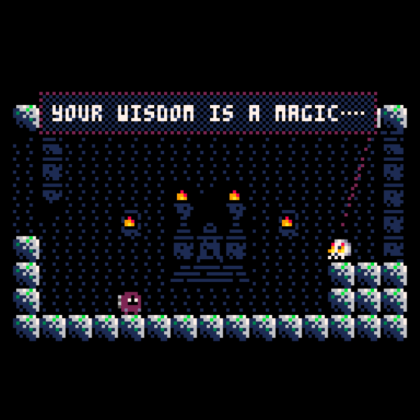 Skull talking to the player in a dark chamber with torches hanging from the dungeon walls. 'Your wisdom is a magic.'