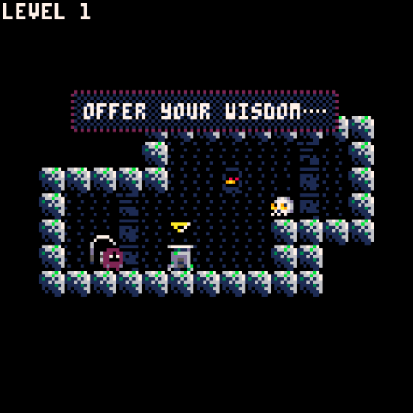 Skull on a ledge telling the player, 'Offer your wisdom.' In the room is a stone pedestal with a yellow arrow pointing down onto it.