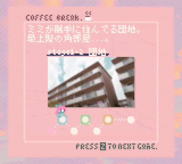 Level select screen in MagicVigilante with a 'Coffee Scene' explaining that the characters are on the way to visit another character's apartment complex