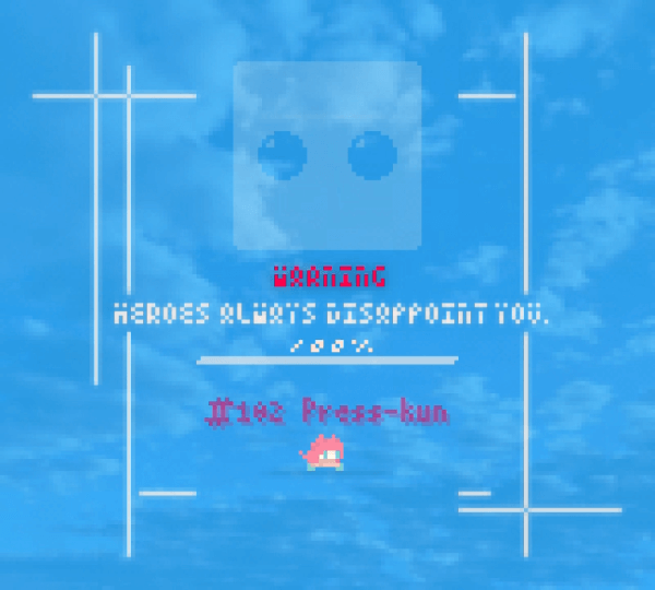 Level starting page from ROMGADR with a large block with eyes and 'WARNING: HEROES ALWAYS DISAPPOINT YOU, 100%, #102 Press-Kun' and the player avatar