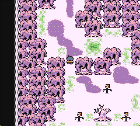 Protagonist of Disc Creatures walking through a purple and green forest with spooky trees and strange scarecrows.