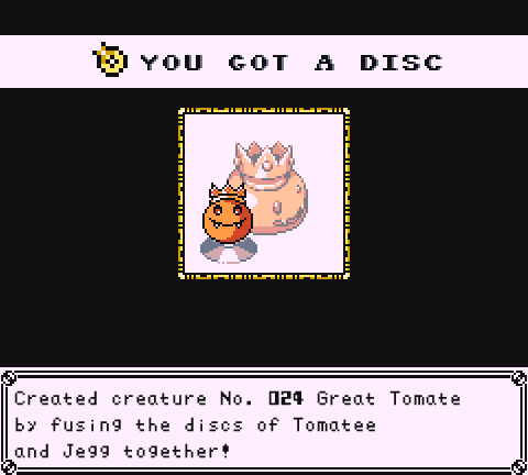 Creature fusion success screen of a Great Tomate, a smiling tomato with fangs and wearing a crown.