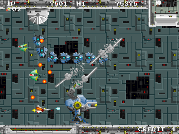 Huge walking rocket launcher shooting while a line of enemies zig-zag towards the player in INFINOS