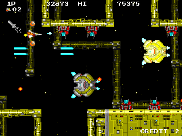 Player weaving through a yellow mechanical maze with huge circular enemies firing at the player in INFINOS