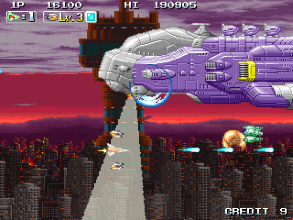 Huge purple chopper shining a searchlight down on the player ship in INFINOS GAIDEN