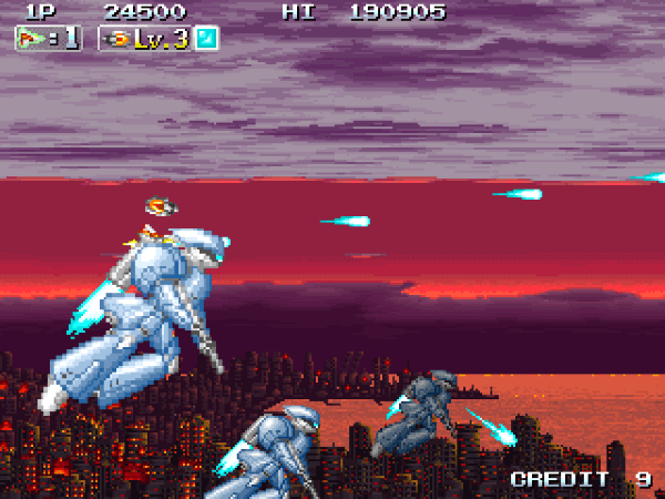 Huge gun-toting mechanical humanoids flying through the sky next to the player's ship against a dramatic cityscape and sunset in INFINOS GAIDEN