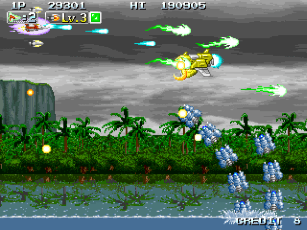 Player shooting at enemies arcing out of the water in a jungle in INFINOS GAIDEN