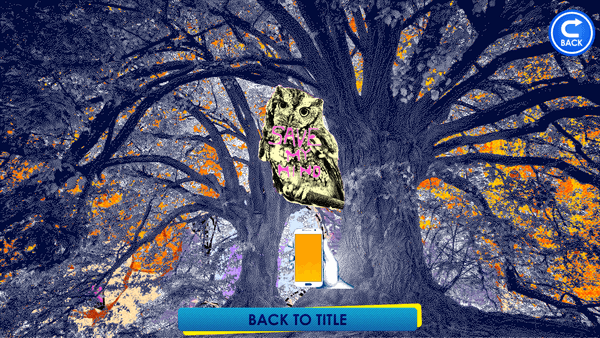 Pause screen of YOUNG TEAM SOUNDS with a large blue tree in the background with brilliant rays of sunshine blasting through, a yellow owl with 'SAVE MY MIND' in text over it. At the bottom is a hand holding a smartphone upright and the text 'Back to Title'