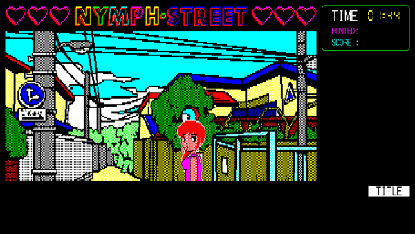 A red-haired woman walking down the street and glancing to the side at the player in Nymph Street.