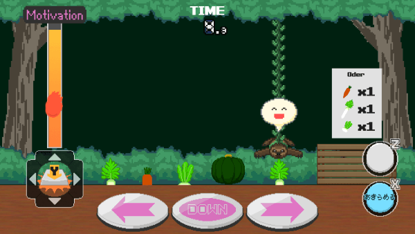 Screenshot of the sloth crane minigame. The sloth is at the top of the screen above a garden full of vegetables like carrots, radishes, and pumpkins. To the right is the basket where orders need to be filled, and on the left is a meter showing the sloth's motivation.
