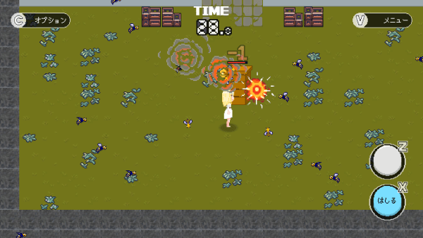 Screenshot from 100animalease with the protagonist standing near a beehive. Explosions are bursting around her as bees and hornets collide.