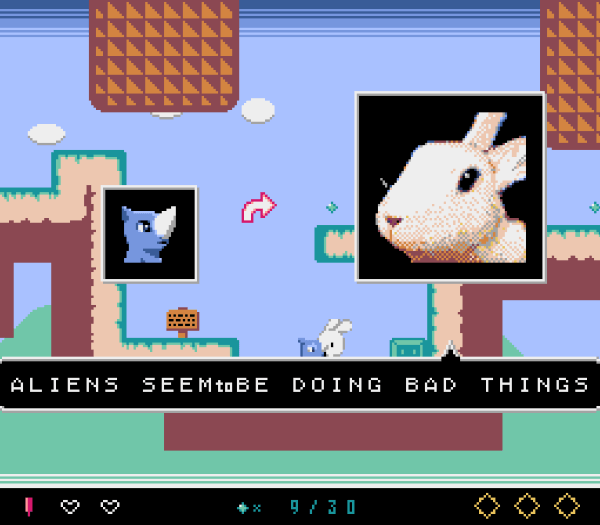 Screenshot from SEKISAI with the player talking to a rabbit, who says 'ALIENS SEEM to BE DOING BAD THINGS' 