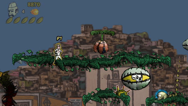 The baker standing on a platform of vines and facing a giant skull inside of a bean pod.