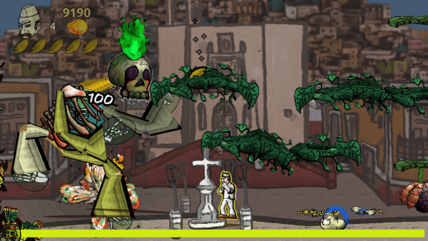 The baker facing off against a giant skeleton boss made up of plant matter