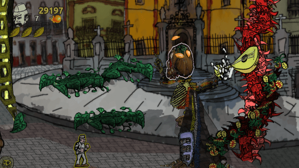 The baker facing a huge skeleton boss holding a lute. Behind the skeleton is a column of spiky plants