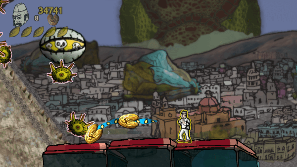The baker riding an elevator platform with flying skull enemies. In the background is a huge city and distant mountains.