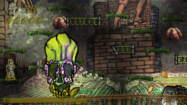 The Baker approaching a giant green skull with flower petals growing out of its eye sockets.