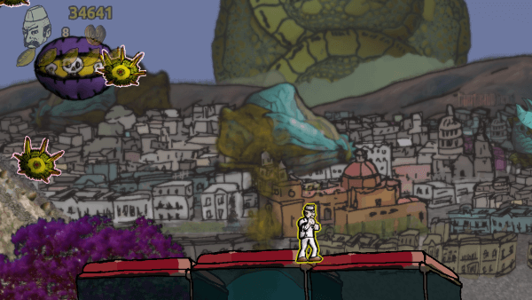 The baker standing on a platform with the city spread out in the background, and eyeball monsters hovering nearby.