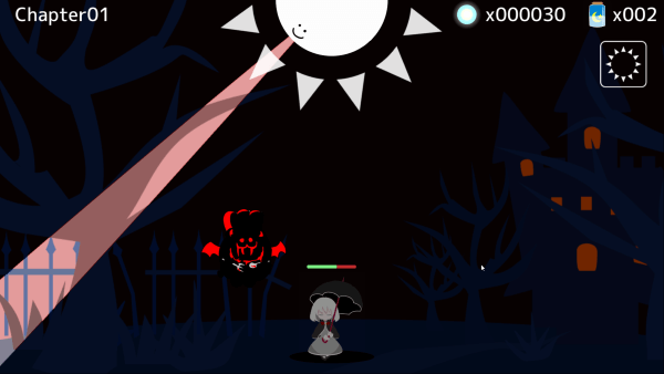 Sun shining a single ray of light into a dark cemetary. Girl in the center holds a parasol, while a demon bear chef approaches her.