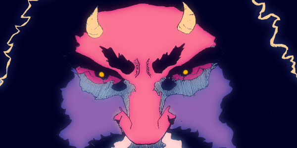 Cropped illustration of a horned oni with big bushy hair looking at the reader