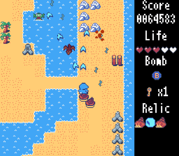 Player on a sandy beach, has to make a choice between going left or right. Water monsters are spitting bullets at the player.